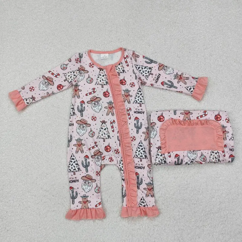 

8.16y Baby Girls Long Sleeve Onesie Pink Zipper Romper Santa Claus Cactus Gingerbread Pattern Wholesale Boutique