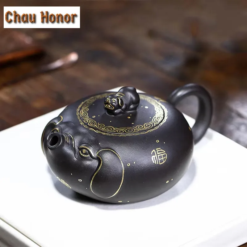 

320ml Yixing Purple Clay Pot Raw Ore High Black Mud Lucky Golden Pig Pot Household Kung Fu Tea Ceremony Customized Drinkware