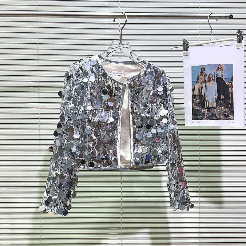 

baby girls short jacket spring autumn round neck long sleeve shiny sequins coat children kids clothes cardigan 3 to 16 yrs