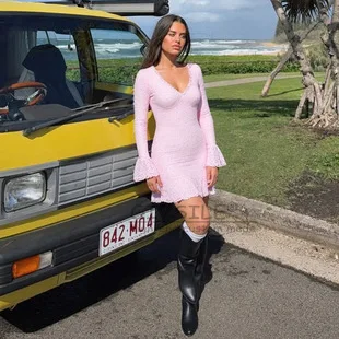 GIYSILE vrouwen Zomer Effen Kleur Sexy Diepe V Mini Jurk Enkele Breasted Lange Mouwen Verstoorde Rand Elegante Bodycon Jurken