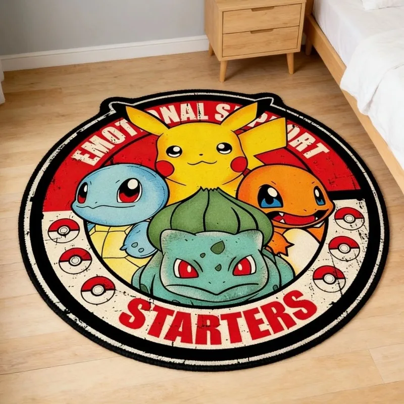 漫画アニメポケモンかわいいピカチュウ円形カーペット、寝室用ベッドサイドカーペット、滑り止め家庭用フットパッド、誕生日プレゼント