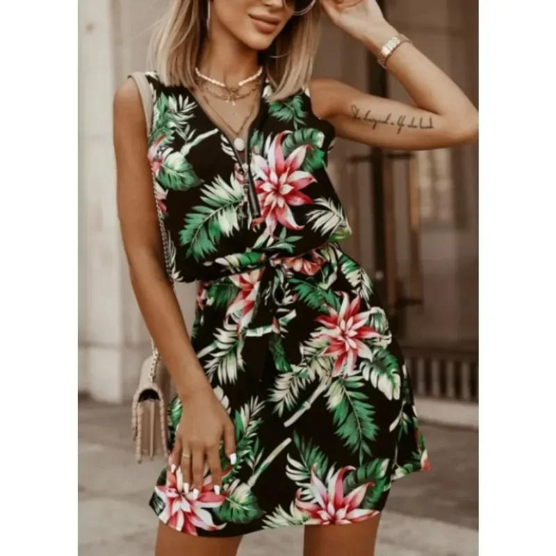 Women's  Summer V-neck Sleeveless Leisure Vacation Fashion Printed Dress Women's Zipper Belt Knee Length Elegant Dress