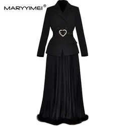 MARYYIMEI Autumn and Winter Women's Suit Notched Long-Sleeved With Belt Coat Tops+Loose Waist Pleated Skirt 2 piece set