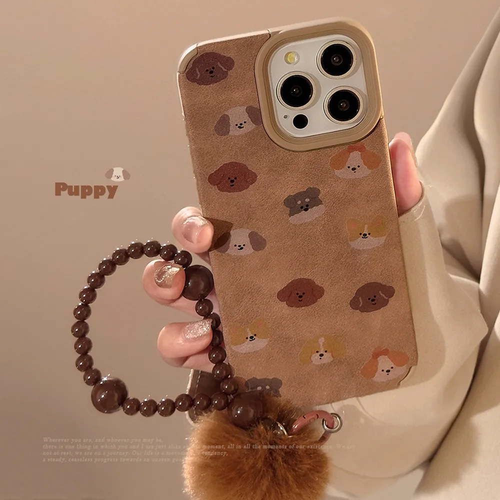 가을 겨울 스웨이드 레트로 강아지 아트 플러시 볼 펜던트 전화 케이스, 아이폰 16, 15, 14, 13, 12 프로 맥스 케이스, 귀여운 럭셔리 만화 커버