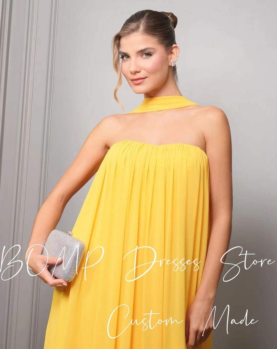 

BOMP Elegnat Yellow Wedding Party Dress Strapless with Long Scarf Floor Length Satin Evening Gown Customized Saudi Arabic Simple