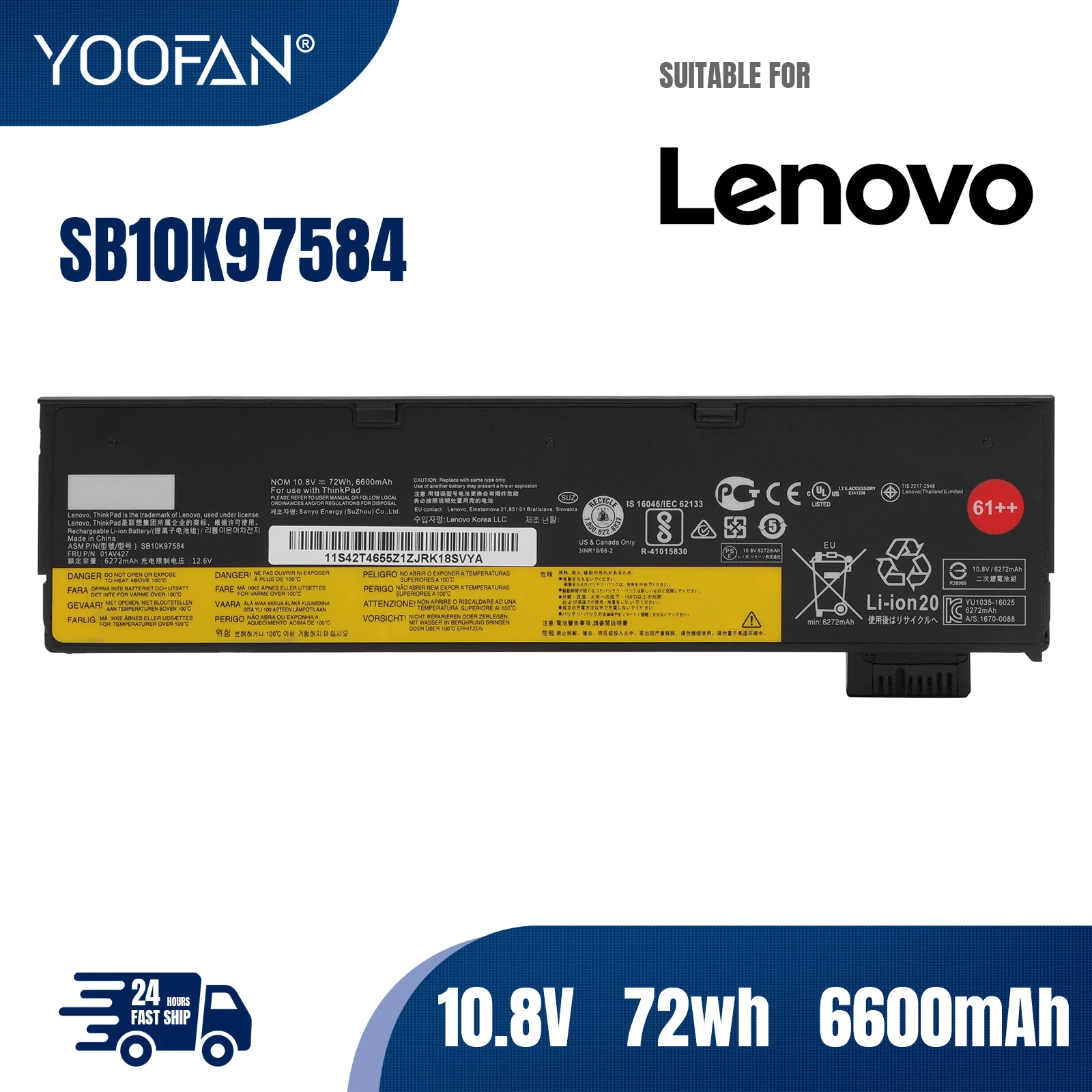 YOOFAN Hot Sale Laptop Battery Lithium-ion Batteries SB10K97584 Battery For Lenovo T470 T480 T570 T580 Laptop