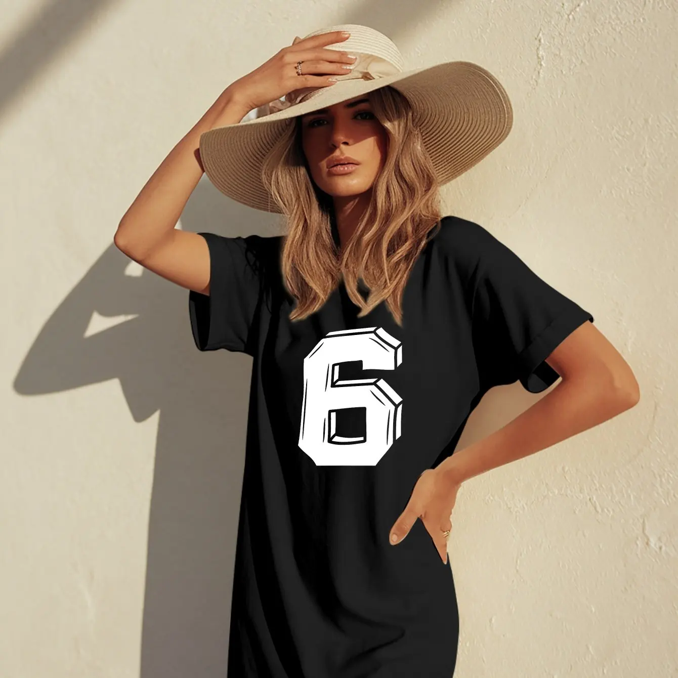 

Женское яркое платье-футболка больших размеров Lucky Number 6, жирное белое повседневное летнее платье с круглым вырезом и короткими рукавами с принтом «6»