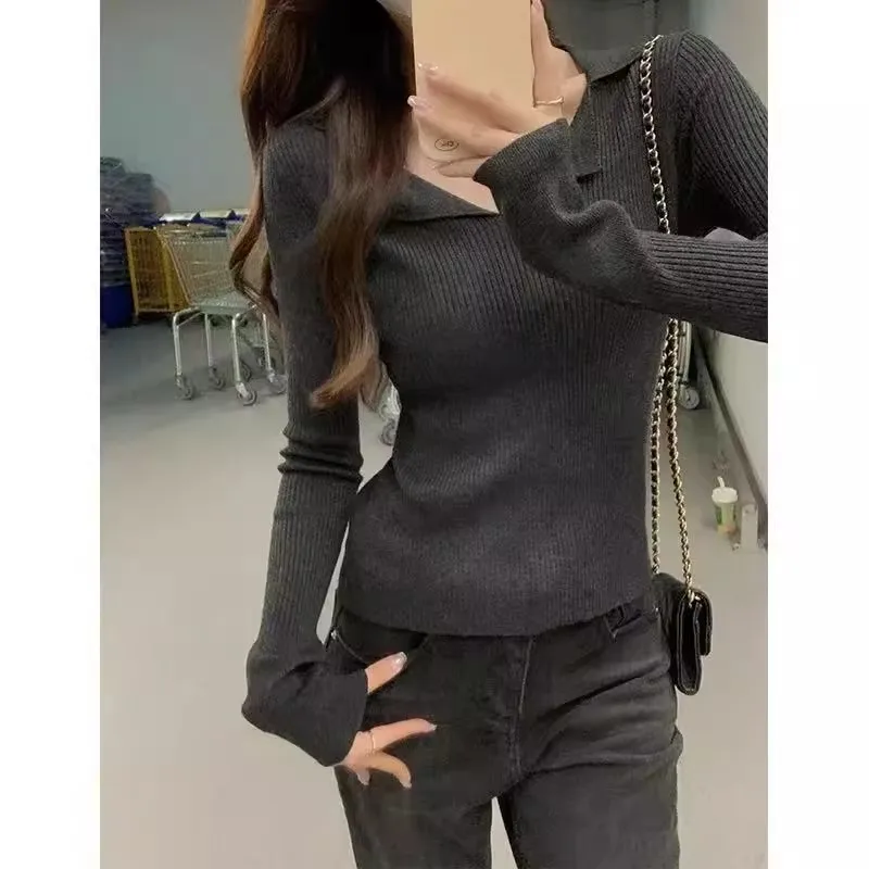 Suéter de punto de Cachemira de manga larga con cuello tipo Polo francés para mujer, nuevo suéter con base de lana de alta gama