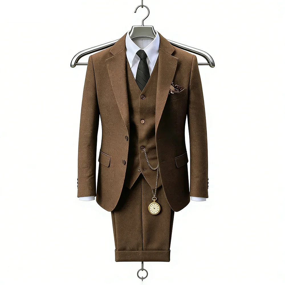 

Terno de casamento masculino de tweed marrom, 3 peças, espinha de peixe, smoking, lapela entalhada, tweed para negócios, ajuste