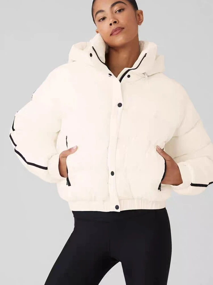 

Autumn Winter Women's Hooded Puffer Jacket Sports Loose Thicken Warm Cotton-padded Jacket Zipper Stand-up Collar Parkas Women