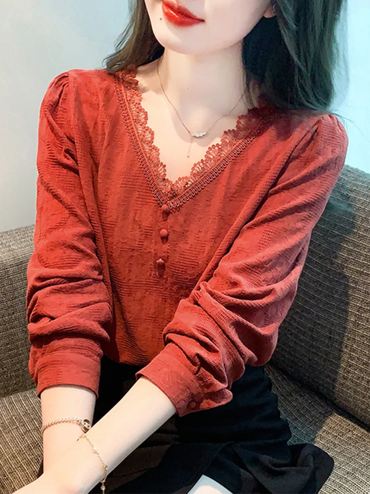 

Red V-Ne Long Sve Pure Cotton Thin irt Women's Spring Autumn New Sle Ele Quali Top Korean Version Commute Sle