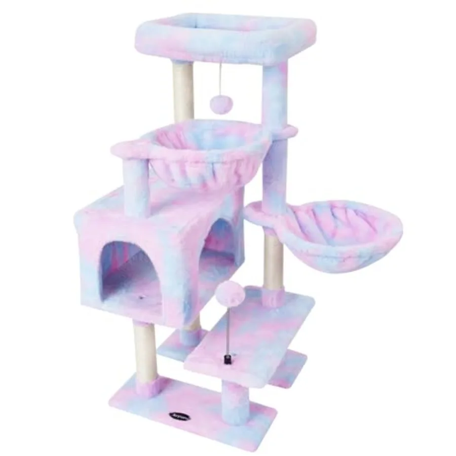 

Многоуровневый кошачий комплекс с сизалевой когтеточкой, гамаком-лежанкой радужных цветов и игрушками-мячиками для котят, для домашних кошек, прочный, для активных игр
