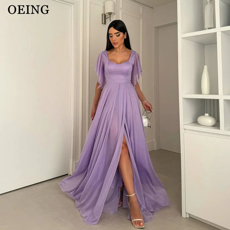 

OEING Purple A-Line Chiffon Evening Dresses Square Collar Tiered Side Slit Floor-Length Formal Occasion Gowns Customized