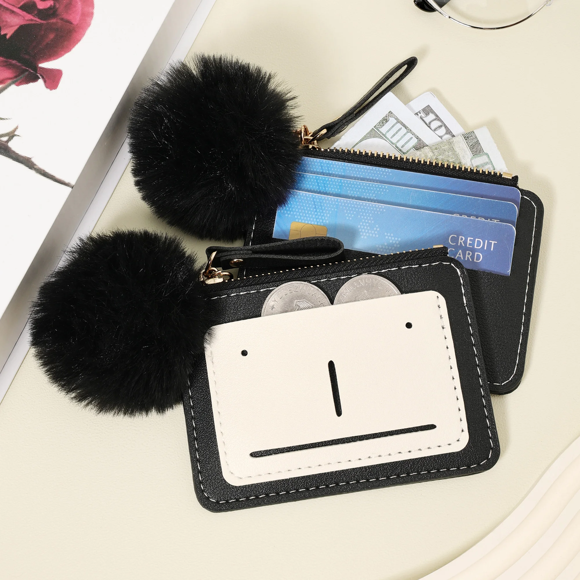 미니 패션 신용카드 홀더, 초슬림 동전 지갑, 여성용 캐주얼 핸드백, 섬세한 폼폼 장식, 고품질