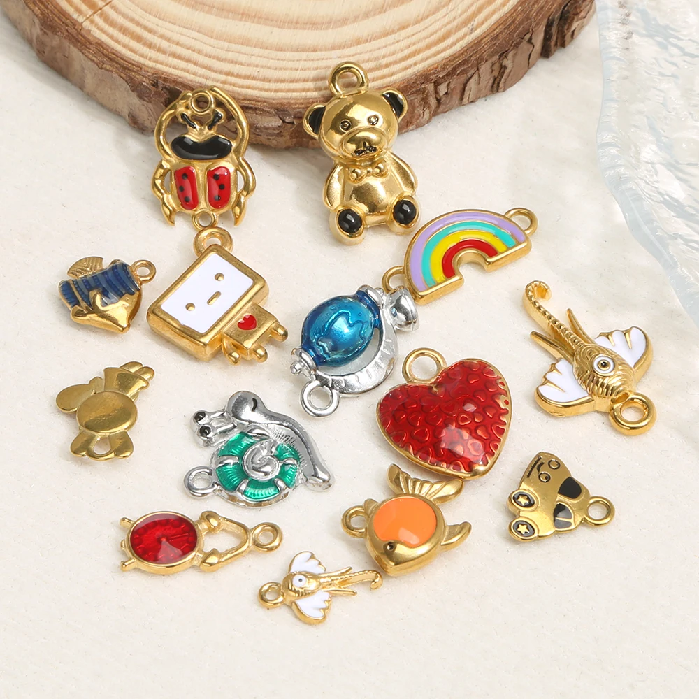 

4pcs Stainless Steel Charm Enamel Rabbit Bear Ladybird Gold Plated 18k DIY Necklace Bracelet Woman Cute Jewelry Making Wholesale