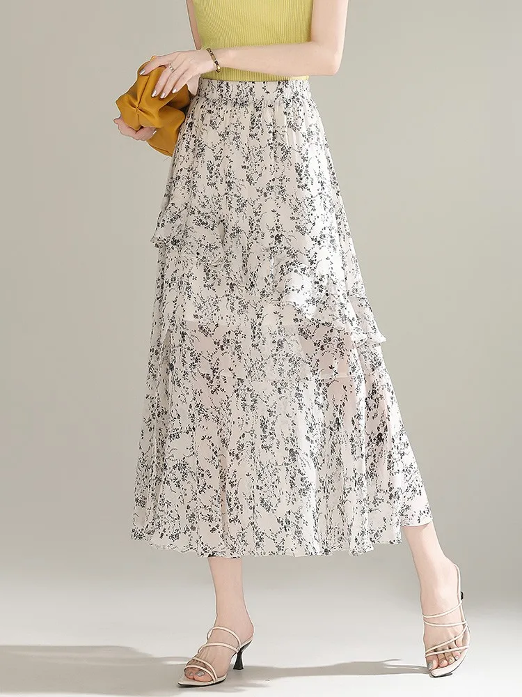 

Women Summer Floral Skirt New Soft Elastic Waist Elegant Lady Skirt Expansion Droop Chic Skirt Jupe long skirts Jupe