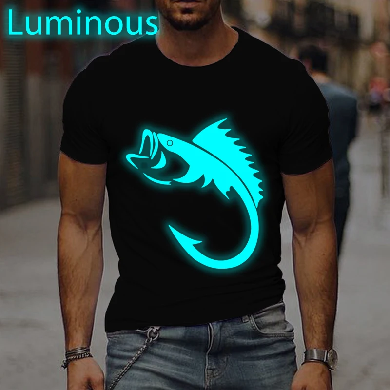 

2026 Summer Fishing Men's T-shirts Casual Breathable Round Neck T Shirt With Fish Pattern Print Outdoor Tops Luminous Style Tees