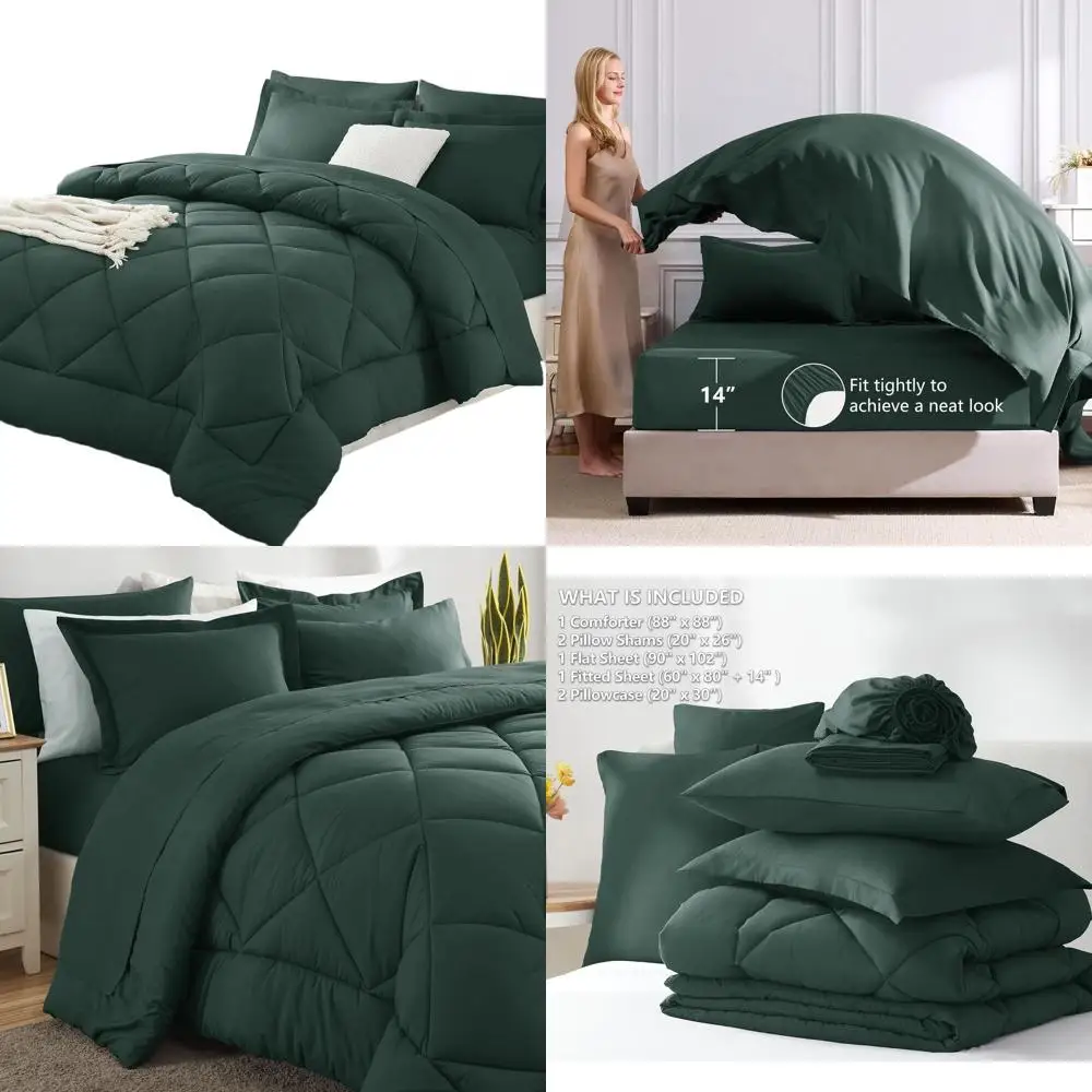 

Luxury 7-Piece Queen Bedding Set in Forest Green - All-Season Comforter with Sheets, Pillowcases & Shams