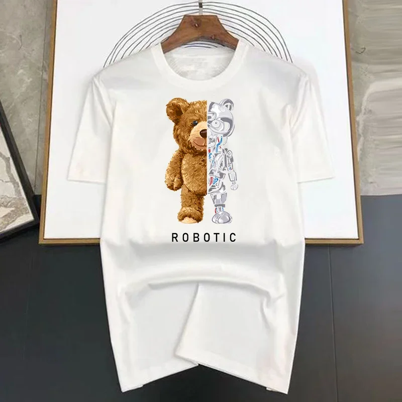 Summer Harajuku Robot Bear Print Funny T Shirt Men Graphic T-shirt Short Sleeve Casual White Tops Tee Women Fashion Clothing