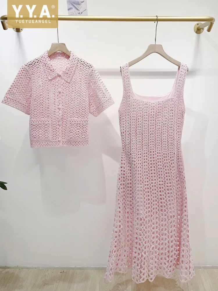 Summer Sweet Lady Diamonds Jacquard Hollowed Out Short Sleeved Knitted Cardigan Tops Coat Slim Fit Long Dress Set Two Piece Set
