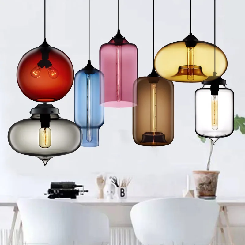 Modern Pendant Lights Bedroom Dining Room Loft Luminaire Suspension Multicolored Glass Hanging Lamp Bar Decor Vintage Hanglamp