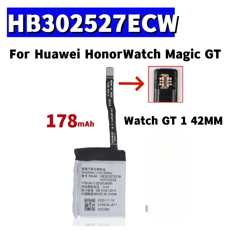 

Аккумулятор HB 302527 ECW для Huawei Watch GT1 42 мм Honor Watch Magic GT 178 мАч Замена аккумулятора с инструментами
