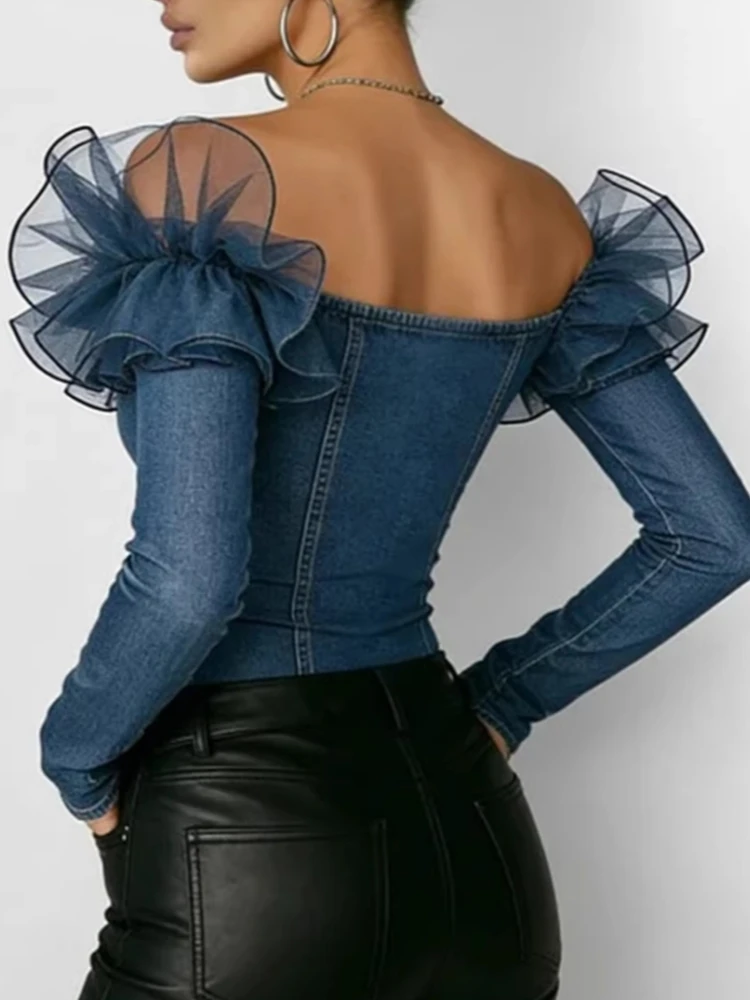 Retro Denim Off-shoulder Top for Women Mesh Ruffles Long Sleeve Single-breasted Blouses Fashionable Street Slim Fit Jean Shirt