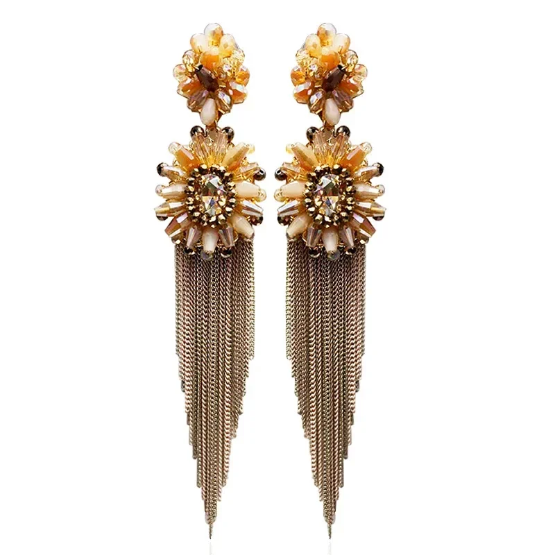 2024 Bohemian Retro Ethnic Flowers Tassel Earrings Handmade Jewelry Exaggerated Long Earrings for Women