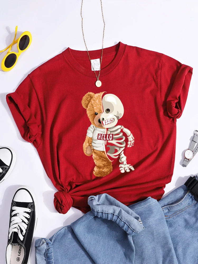 Hello Teddy Bear Show You What I Am Really Look Like Women T Shirts Summer Casual T-Shirt Street Hip Hop Tshirt Daily Soft Tops