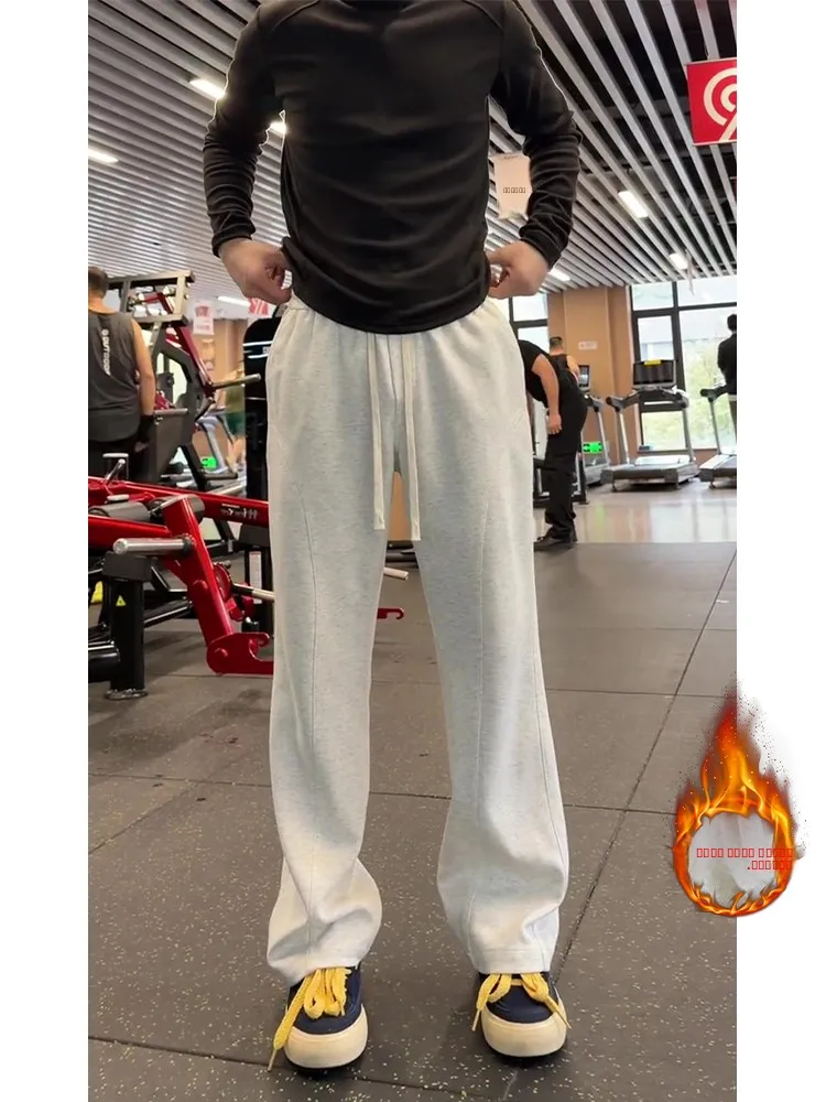 

Loose Straight Leg Thiened Fitn Sports Pants Men's Winter Casual Long Trousers American Sle Diagonal Cut Sweatpants