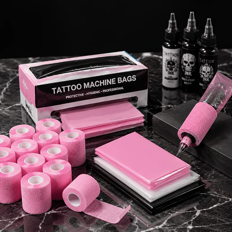 Tattoo Essentials Kit 4pcs Pink & Black Cohesive Bandages 100pcs Machine Bags, Self-Adhesive, Breathable