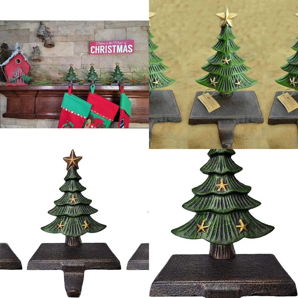 

Green Cast Iron Stocking Holders, Gold Star Topped, Set of 3 for Mantle, Weighted and Sturdy Tree Hooks for Christmas Decor