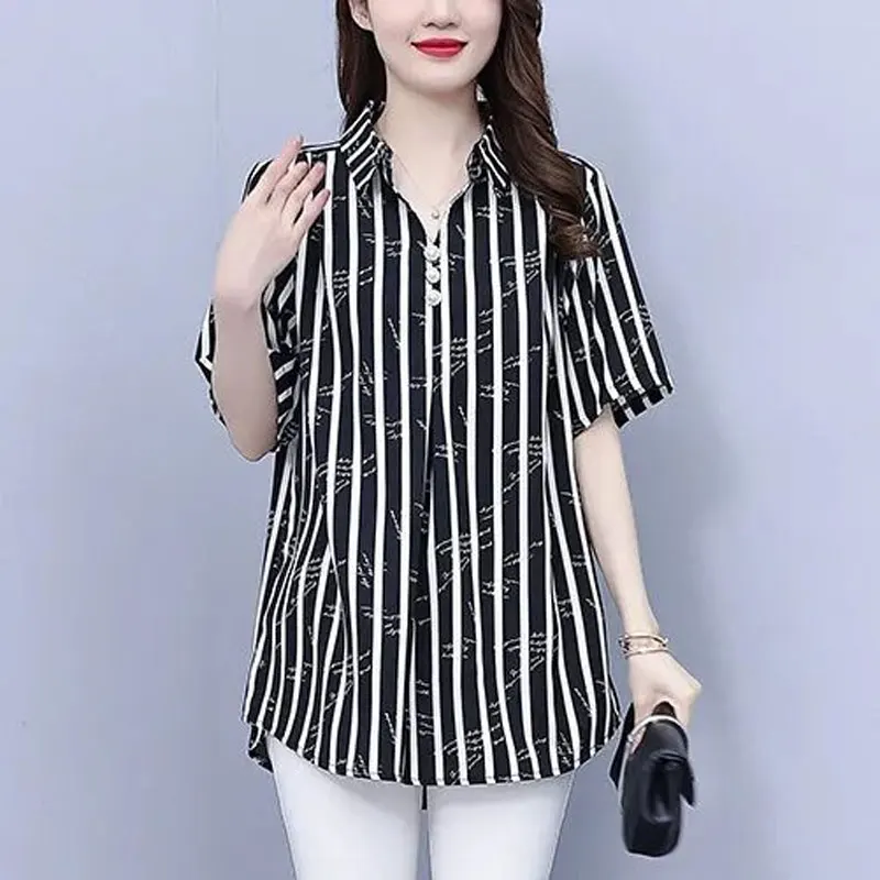 Fashion Striped Printed Letter Shirt Women\'s Clothing Turn-down Collar Button Commute Summer Casual Loose Short Sleeve Blouse