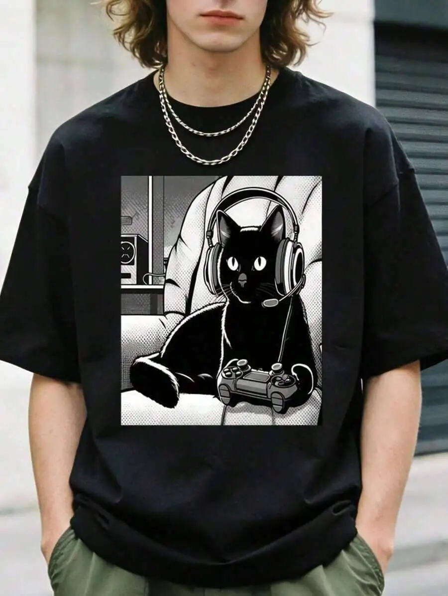 Limited Time1pc Mens Clothes Gaming Print Black Unisex Crew Neck Tshirt, Plus Size Men's Clothing 5XL, 100% Cotton Trendy Y2K