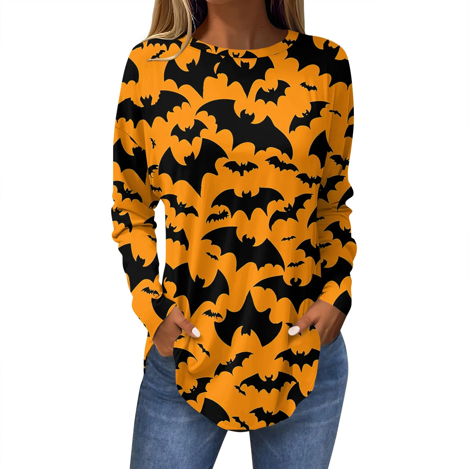 توب فضفاض برقبة دائرية للنساء ، طباعة الهالوني ، أكمام طويلة ، تنحنح منحني ، بلوفر أساسي ، قمم تناسب كل شيء ، الربيع والخريف