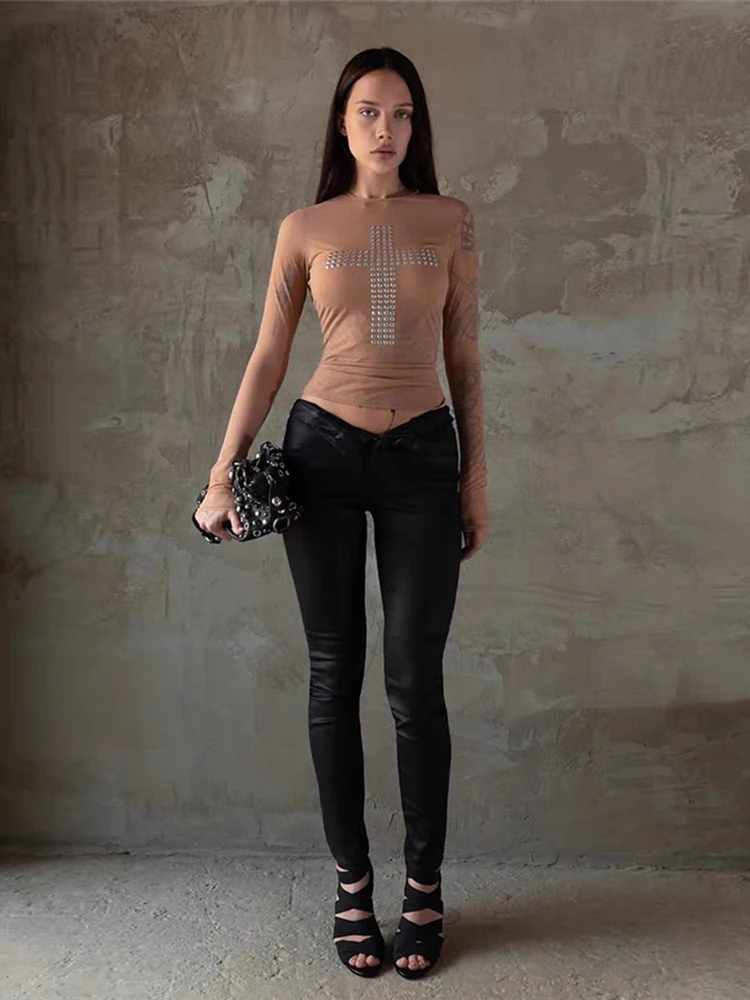 Sisterlinda 클래식 스티커 다이아몬드 티셔츠 여성 가을 전체 소매 기본 일일 트렌드 스트레치 스포티 스트리트 티