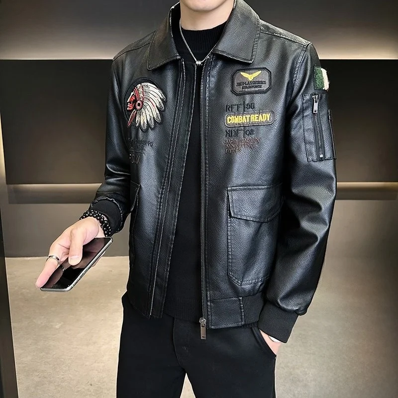 

Men's Fce Lined Leather Jaet Casual Sle Embroidered Zipper Closure Long Sve Retro Biker Coat Warmth for Autumn Winter