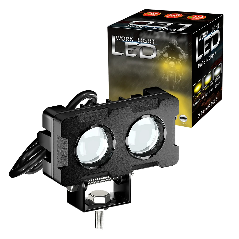 12V-85V Dual Color LED Work Light 3000LM Super Bright Spot Flood Beam Waterproof Auxiliary Driving Lamp for Motorcycle Truck SUV