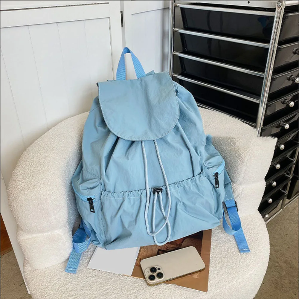 Fashionable Nylon Double Backpack Shoulder Bag Women's Large Travel Capacity Trendy Pleated Rope Backpack Student Backpack