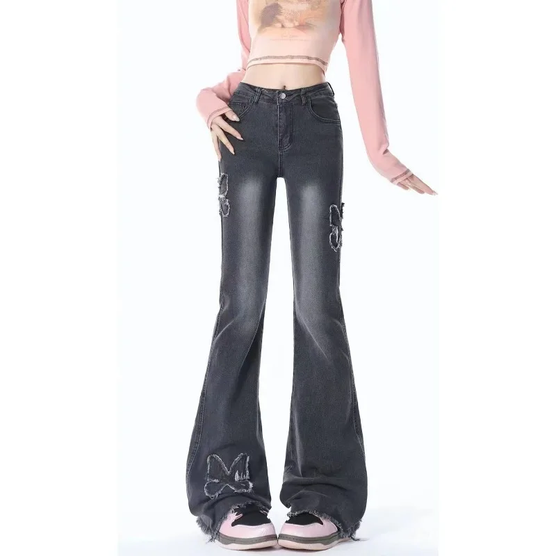 American Vintage Subculture Black Jeans New Y2k Butterfly Splicing Design Wide Leg Pants Women's High Waist Slim-fit Flare Pants