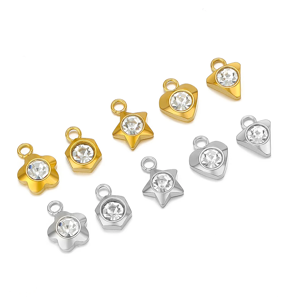 20pcs Stainless Steel Flower Heart Crystal Stone Charms Earrings Pendants Star Beads DIY Jewelry Bracelets Findings Wholesale