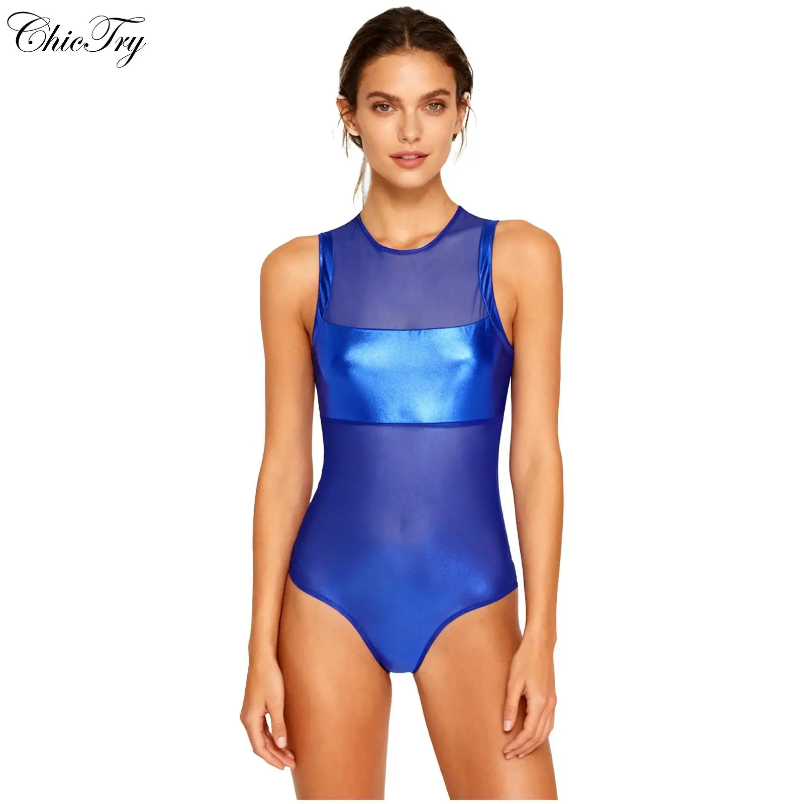 Sexy Trikot für Damen, durchsichtiges Netz, Patchwork, metallisch glänzender Body, Rundhalsausschnitt, ärmelloser Bodysuit, Overall, Strandmode, Clubwear, Party