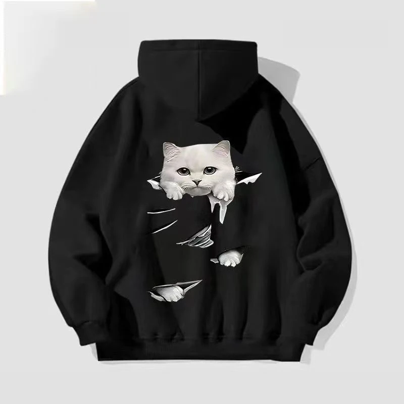 Cute Cat Thick Hoodies Women Fall Winter Warm Loose Long Sleeve Soft Tops Coats Vintage Lady Casual Preppy Style Kawaii Pullover