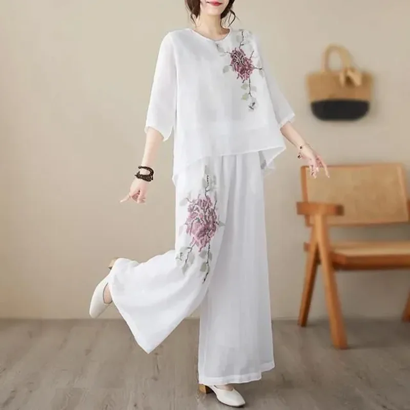 Ladies New Cotton And Linen Retro Embroidery Suit Summer Pullover Fashion Shirt Thin Wide-Leg Pants Slim Fashion Two-Piece Suit