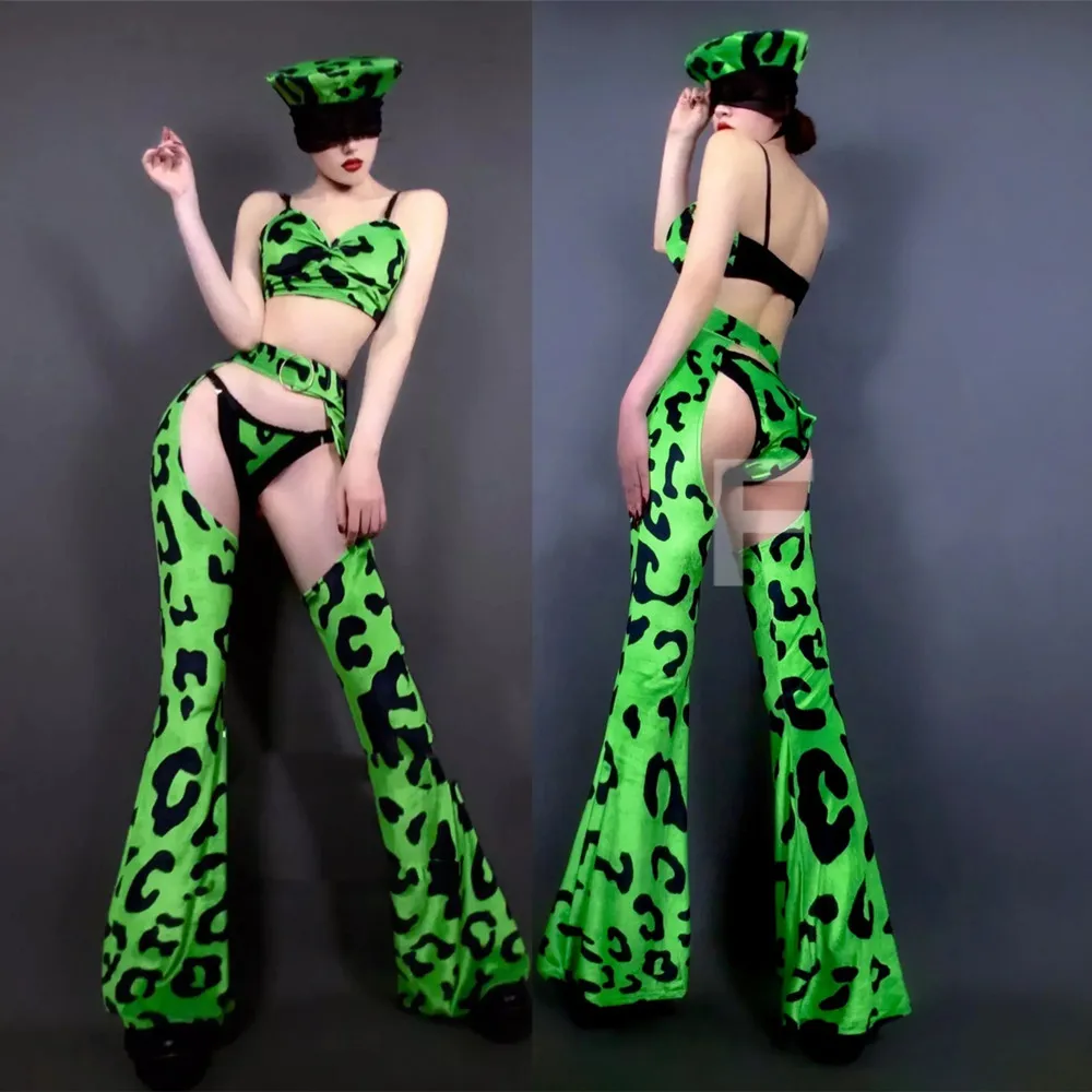 Zielony Leopard Rozdzielny Strój Bikini Szerokie Nogawki Kapelusz Seksowny Strój dla Piosenkarki Barowej DJ Tancerki Kostium Sceniczny na Występy w Klubie Nocnym
