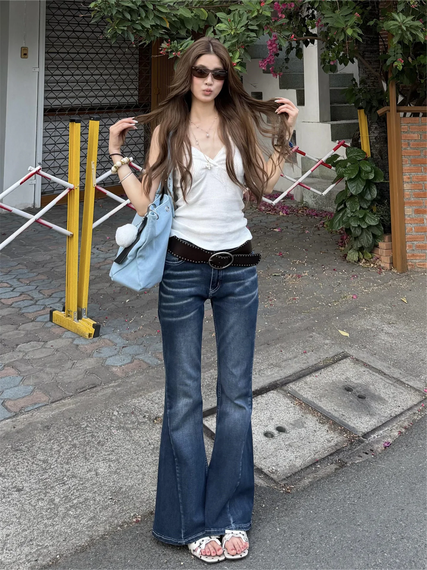 

Американские джинсы-клеш с низкой талией для женщин, весна-лето, облегающие, удлиненные, из хлопка, повседневные