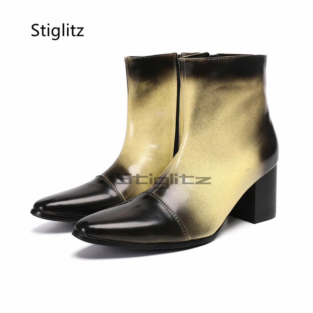 

Gradient Color High Heels Chelsea Boots for Men British Style Pointed Toe Zipper High Top Patent Leather Ankle Boots Party Shoes