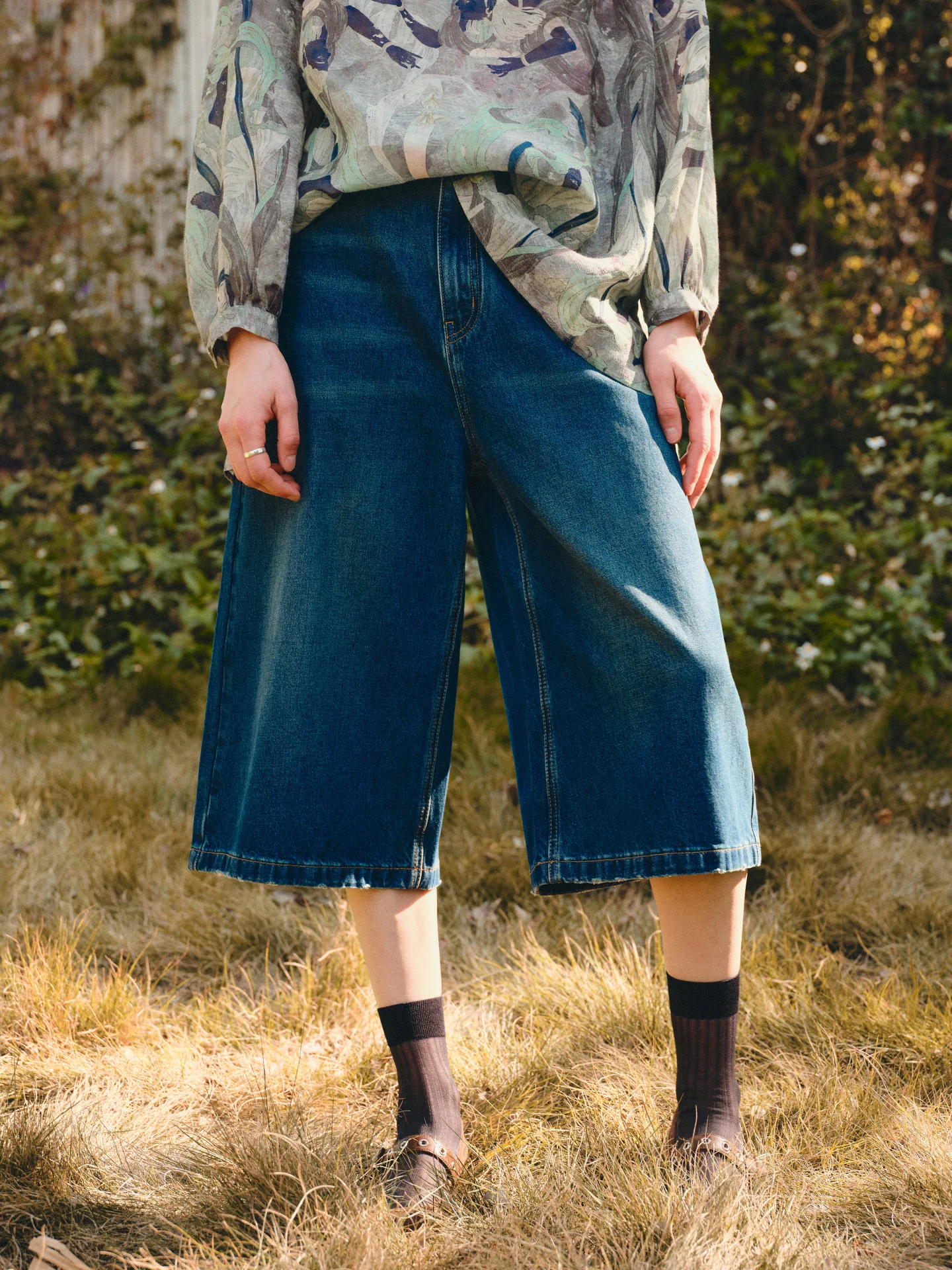 

Sli Capri Jeans Classic Pure Indigo Cotton Waed Retro Texture 7 ape Denim Pants High Waist Wide Leg ket Detail