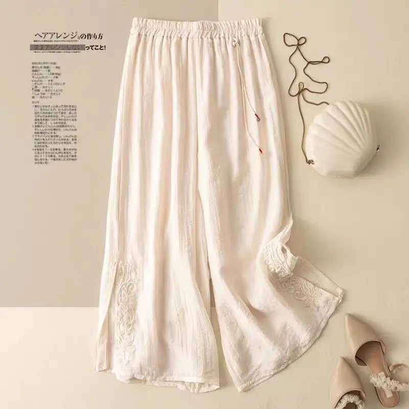 女性用サマールーズレトロ刺繍入りコットンリネンカジュアルパンツ