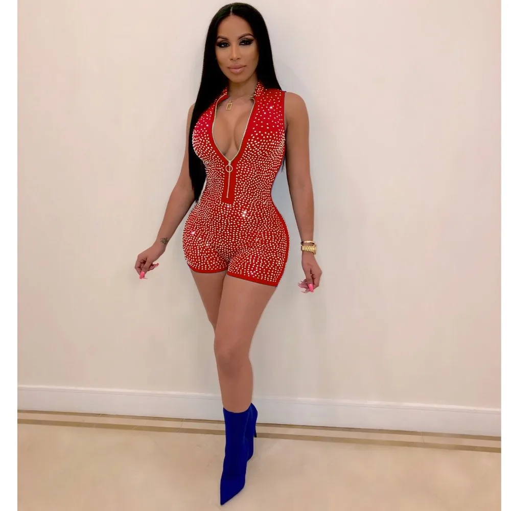 Sparkly Rhinestone Sexy Club Jumpsuit Women Summer Short Playsuit Ladies Front Zipper Bodysuit Party Romper Bodycon Jumpsuits